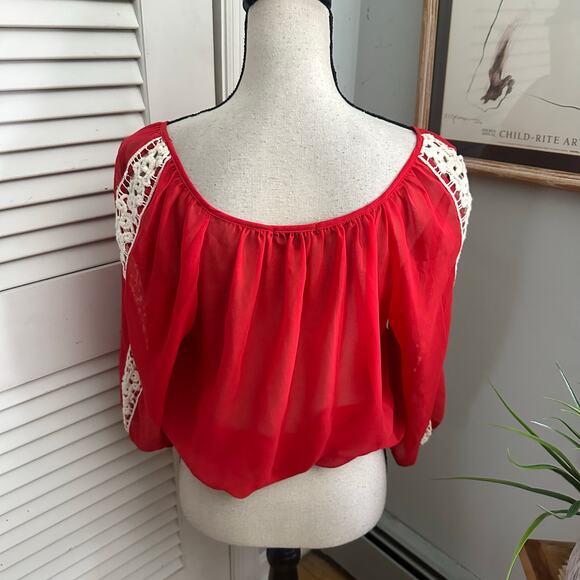 XOXO Blouse Womens Large Red Sheer Cropped Crochet Trim Retro Y2K Coquette - Picture 4 of 6
